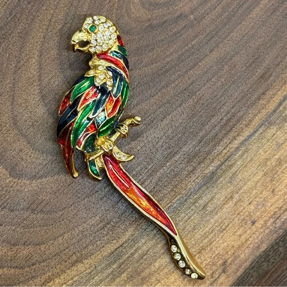 Vintage Parrot Macaw Colorful Brooch Enamel and  Crystals